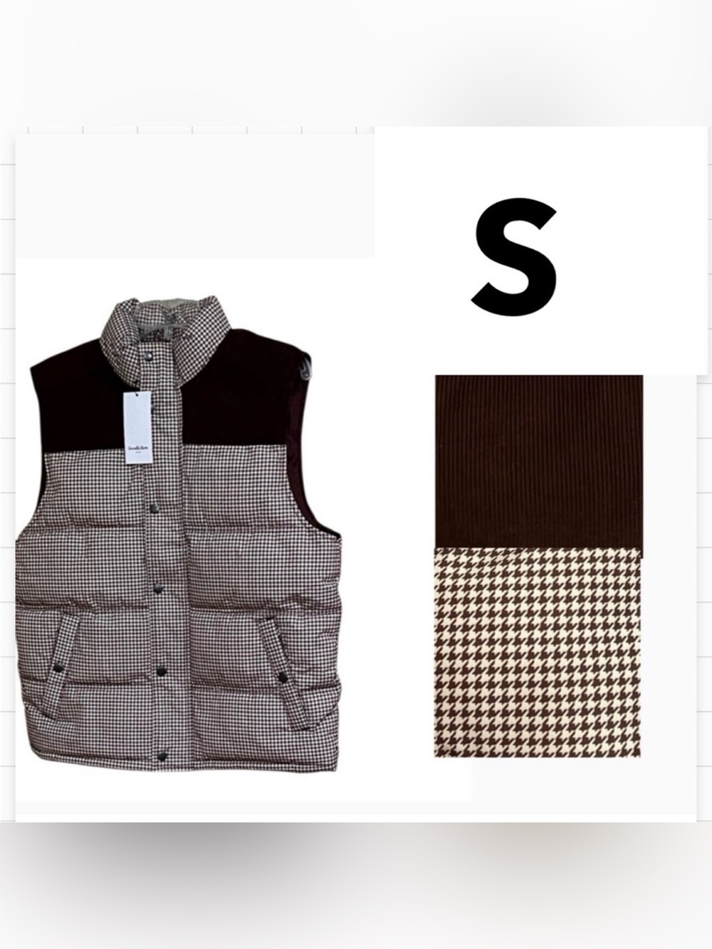 Goodfellow & Co Puffer Vest brown and White Checkered with corduroy trim